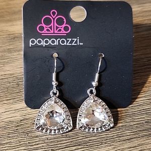 NWT Silvertone White Rhinestone Bling Glitzy Triangle Earrings